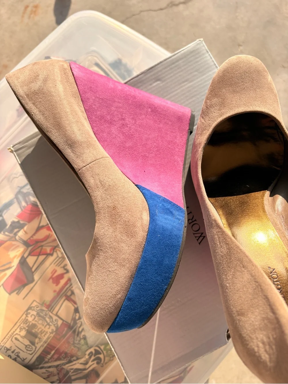 Worthington Beige Suede Wedges with Pink & Blue Contrast Wedge